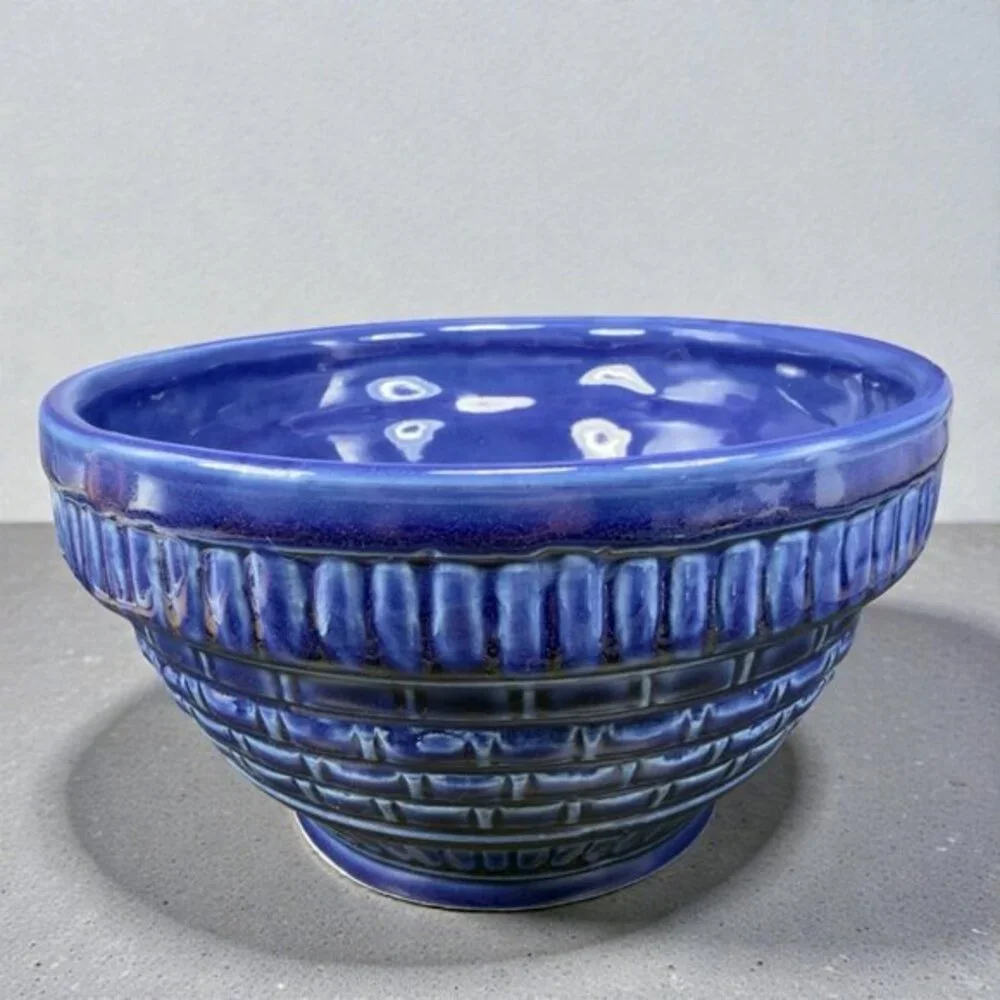 Burley Clay Products Pottery Blue Bowl Container Flower Pot USA Hand Made Marked